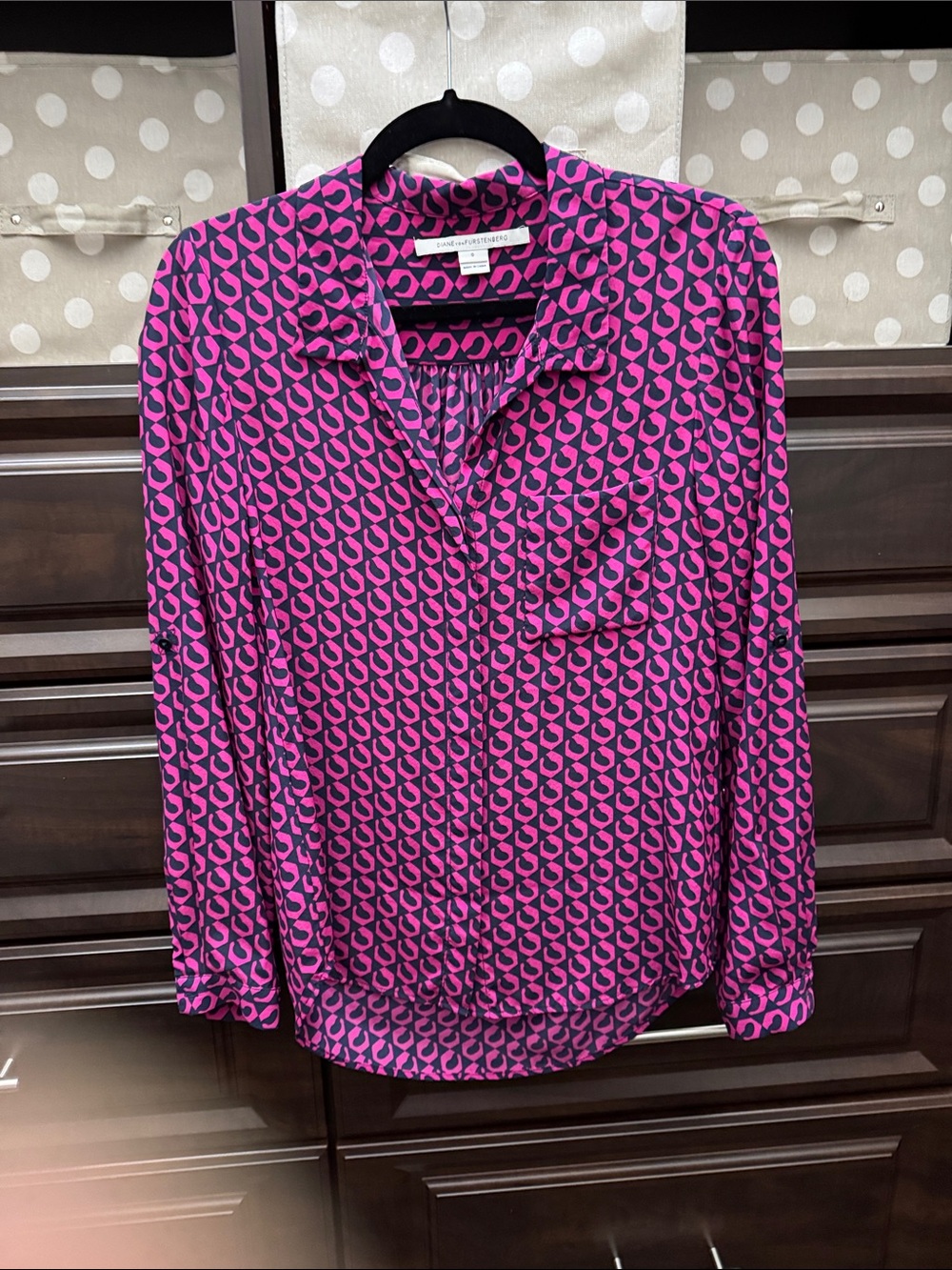 Diane Von Furstenberg Pink and Blue Geometric Print Button-Down silk blouse